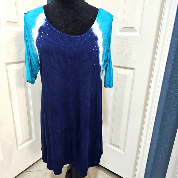 Belldini Open Sleeved Aqua, Navy Blue & White short sleeved shirt w Bling Large - Picture 5 of 9